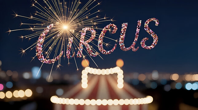 Circus word written in confetti surrounded by fireworks, dark blurred background with circus tent and string lights, festive magical evening performance atmosphere, poster, banner.