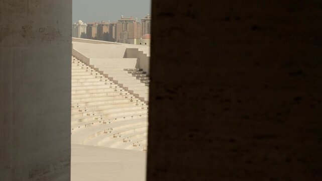 Slow Motion Katara Amphitheatre Architecture at Midday, Cinematic View of Cultural Landmark in Doha Qatar