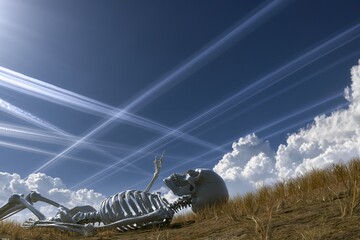 Makroaufnahme eines Schädels und Skeletts auf steinigem Boden mit Kondensstreifen im blauen Himmel