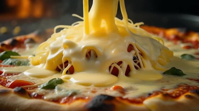 Slow motion pour of molten cheese over sizzling pizza, cheese strings pulling naturally, professional studio lighting, bright and contrasting background, cinematic food shot