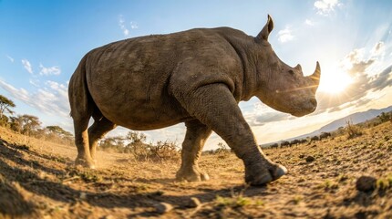 Fototapeta premium Rhino walking in a dry landscape with sun flare and wildebeest in the background