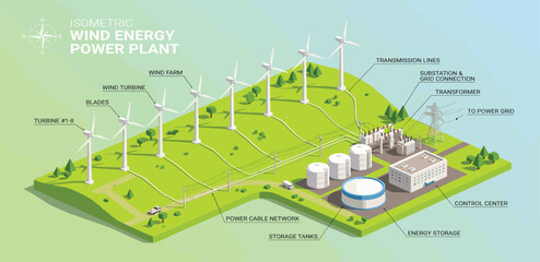Isometric 3D vector illustration of a wind energy power plant featuring wind turbines on green hills with energy storage substation and electrical grid infrastructure. © MdSirazul