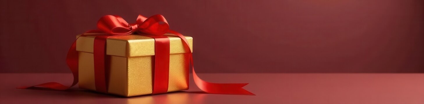 Luxury gold gift box, tied with a vibrant red bow , box, luxury