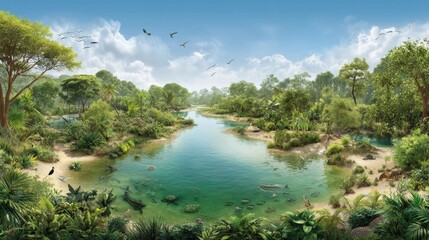 Obraz premium Lush Tropical River Scene with Vibrant Greenery, Calm Water, Birds in Flight, and Clear Blue Sky Creating a Serene Nature Landscape