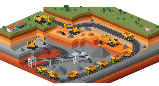 Open Pit Mining Operation With Heavy Machinery And Trucks.