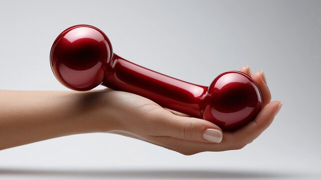 Eine Hand pr&auml;sentiert elegant ein gl&auml;nzendes, dunkelrotes Glasobjekt vor neutralem Hintergrund