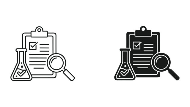 Vector icons of checklist clipboard with magnifying glass and beaker on white background for science research and quality control concepts