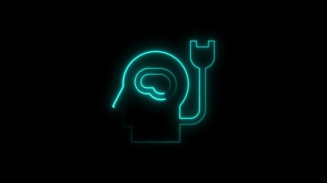 Neon human head with brain plug artificial intelligence and mind connection concept