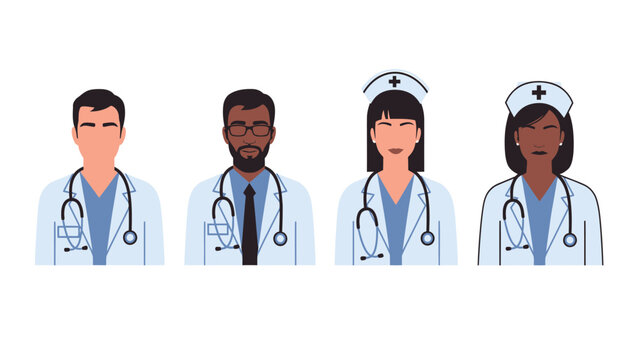 Diverse group of medical professionals including male doctors and female nurses with stethoscopes, representing healthcare staff.