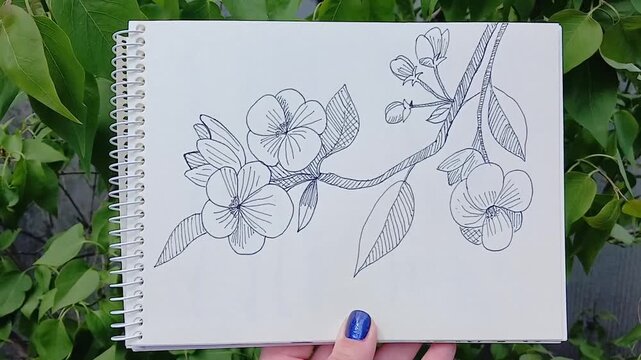 A sketch of a branch of a flowering tree is drawn. The drawing is drawn in a sketchbook, the hand holds the sketchbook next to the tree. Blue manicure.