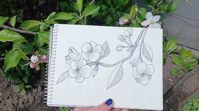 A sketch of a branch of a tree in bloom has been drawn. The drawing is drawn in a sketchbook, the hand holds the sketchbook next to the tree, as if the drawing is an extension of the tree. 