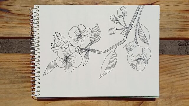 
A sketch of a branch of a tree in bloom has been drawn. The drawing is drawn in a sketchbook and is lying on a bench.