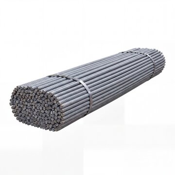 Bundle of steel rebar with ribbed surface on white background
