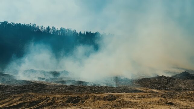 Vast deforested area veiled in smoke, depicting significant habitat destruction and environmental crisis.