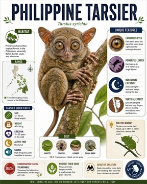 Philippine tarsier information and habitat details showing its unique traits and dietary habits in a visual format