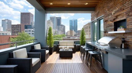 Obraz premium Modern Rooftop Lounge with Comfortable Seating and City View Overlooking Urban Skyline with Bright Blue Sky and Decorative Plants