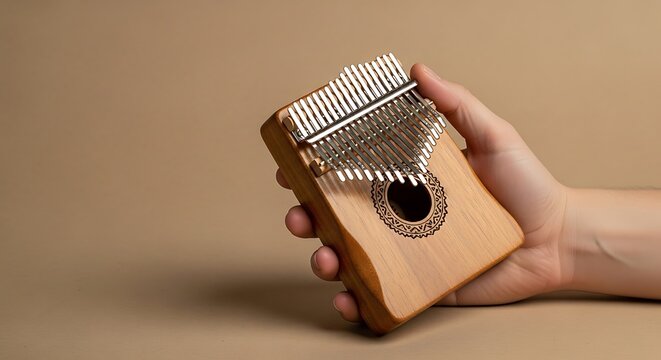 Hand Holding a Wooden Kalimba Thumb Piano Against a Neutral Background