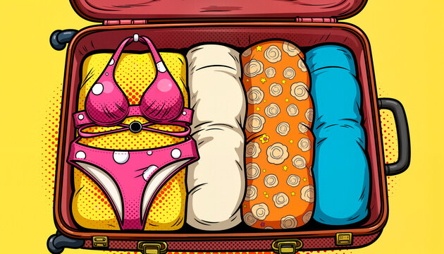 Colorful suitcase packed with summer clothes and bikini for vacation, Pop art  