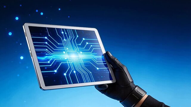 Hand holding tablet with circuit display