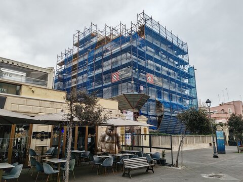 Ostia, Rome, Italy - April 10, 2026, a building under renovation in the center of the Ostia district.