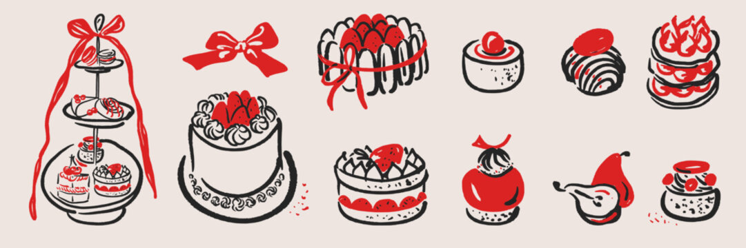 Gourmet cake and pastry illustrations in hand drawn doodle sketch style. Elegant dessert set for bakery logos, cafe menus and romantic food branding.