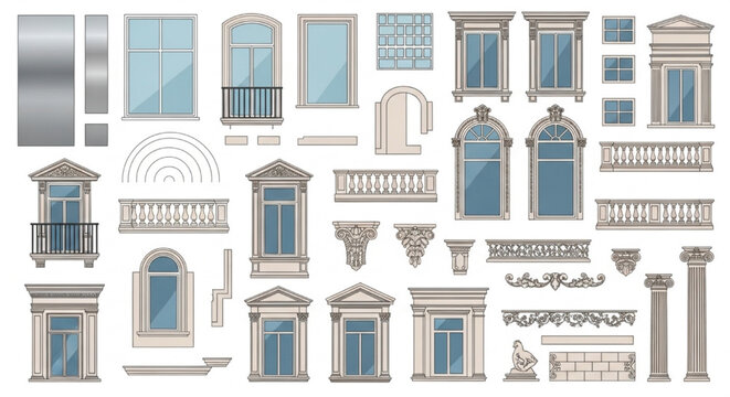 Classical Window and Facade Detail CAD Blocks Collection &ndash; Ornate Architectural Elements, Columns, Balustrades Vector Set
