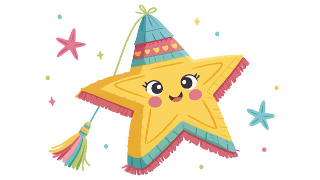 Cute colorful star pi&ntilde;ata with a smiling happy face and decorative fringe isolated on white background party celebration cartoon illustration pi ata design element celebration colorful birthday