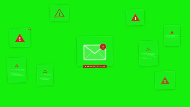 Digital security alerts phishing warning email notification danger icons on green screen background