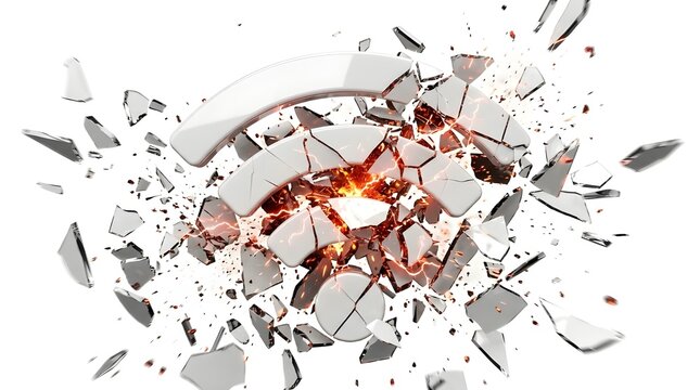 digital disconnection glitch effect with shattered wifi icon on white background