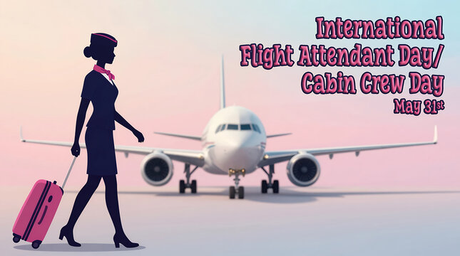 Silhouette Flight Attendant With Pink Luggage Beside Commercial Airplane For International Cabin Crew Day Celebration