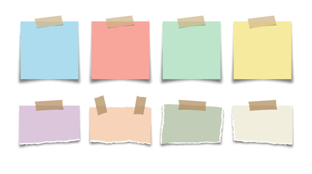 Collection of eight blank colorful sticky notes with torn edges, attached with masking tape against a white background, ready for writing notes and reminders