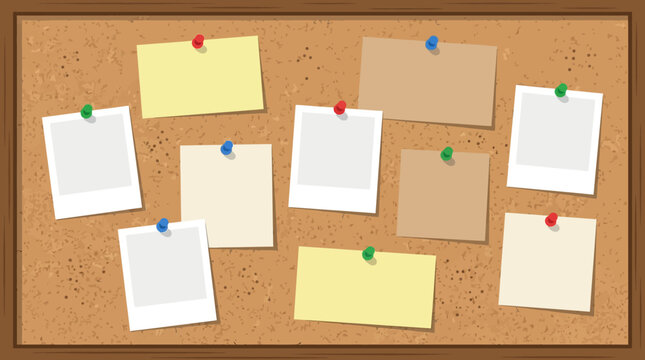 Bulletin board with empty photos and notes pinned with colorful thumbtacks