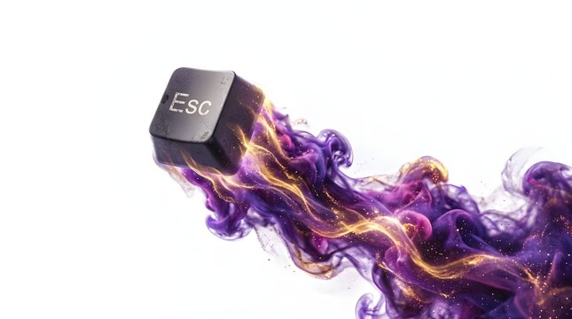 esc key breaking free with vibrant digital glitch smoke in minimalist void