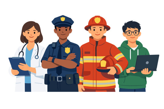 Diverse Group of Professionals Standing Together in a Row, Featuring a Female Doctor, Male Police Officer, Firefighter, and IT Specialist with Laptop, Vector Illustration of Various Career Paths.