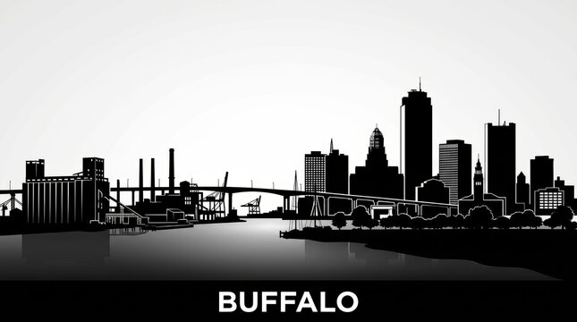Black and white skyline silhouette of Buffalo with industrial waterfront and modern towers. No people. Clean contrast. Bottom: "Buffalo" lettering.