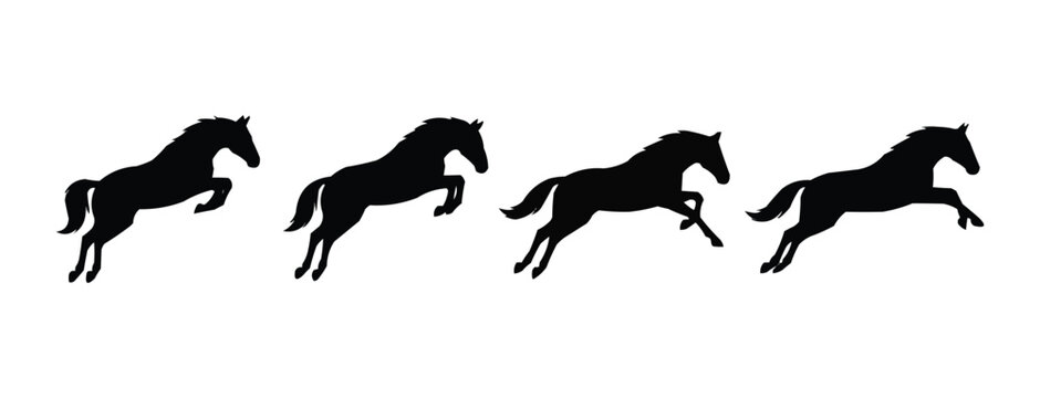 Silhouettes of Jumping and Leaping Horses in Motion Sequence, Equestrian Sport Vector Set