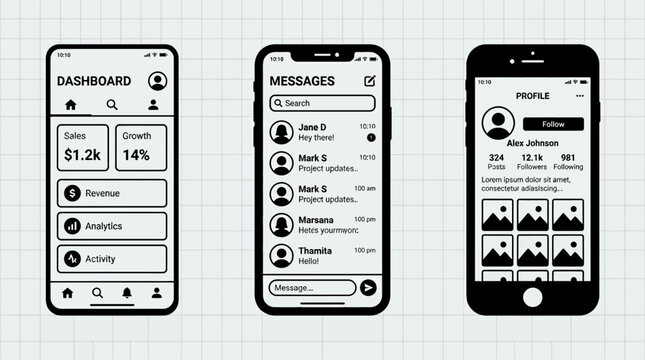 Streamlined mobile application user interface templates in a minimalist black and white design, illustrating key screens for dashboards, message flows, and personal profiles