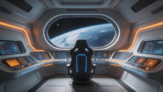 Futuristic spaceship cockpit with Earth view