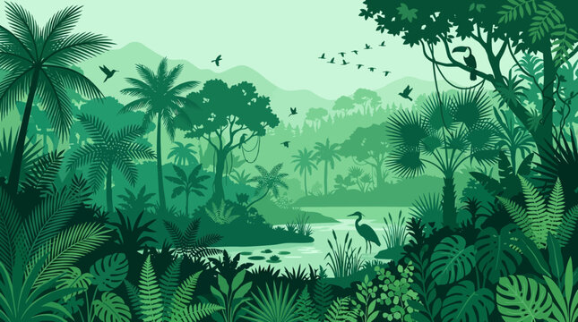 Lush jungle landscape with a tranquil river and diverse flora and fauna, a vibrant ecosystem teeming with life