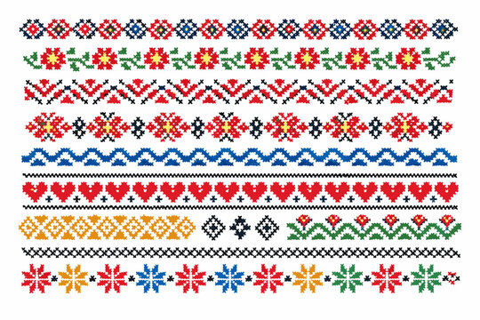 Set of Hand Drawn Cross Stitch Borders with Ethnic Folk Designs. Traditional Embroidery Patterns Featuring Flowers, Hearts, Stars, and Geometric Shapes for Textile, Craft, and Scrapbooking.