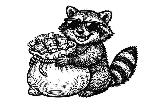 Vintage Engraving Style Vector Illustration of a Cool Raccoon Wearing Sunglasses and Smiling While Holding a Large Money Bag Full of Cash, Bandit Mascot Character Design for Wealth and Success