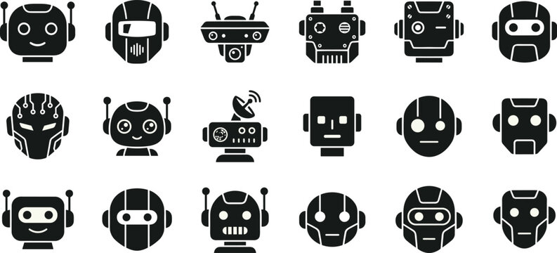 Diverse Collection of Solid Black Robot and Artificial Intelligence Head Icons for Technology and Automation Applications