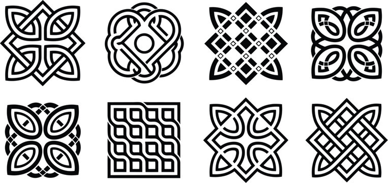 Eight, Celtic knot pattern collection, interwoven decorative designs on white background, vector illustration, traditional Irish symbols, endless loop ornaments, flat vector graphics for tattoo, jewel