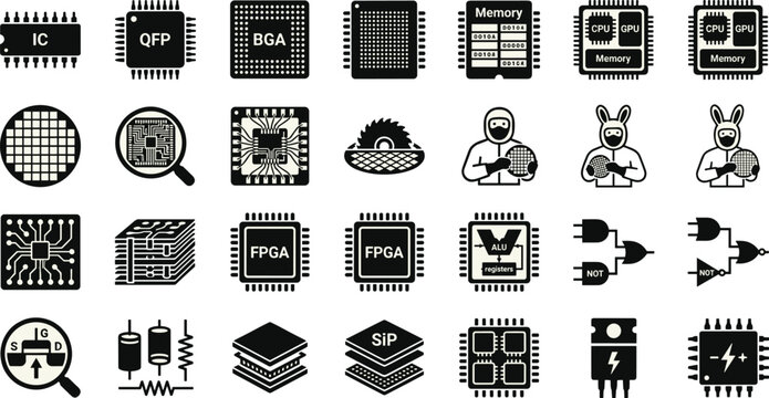 Microchip and Semiconductor Integrated Circuit IC Icon Set, Wafer Manufacturing Cleanroom Worker Bunny Suit, CPU, GPU, FPGA, BGA, QFP, Circuit Components, Vector Flat Graphics