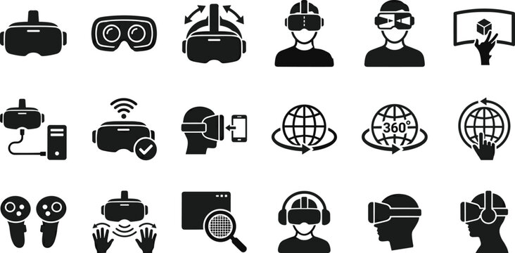 Virtual Reality (VR) and Augmented Reality (AR) Icon Set for Metaverse, 360-Degree Video, Gaming, and Interactive Simulation. Flat Black Vector Graphics.