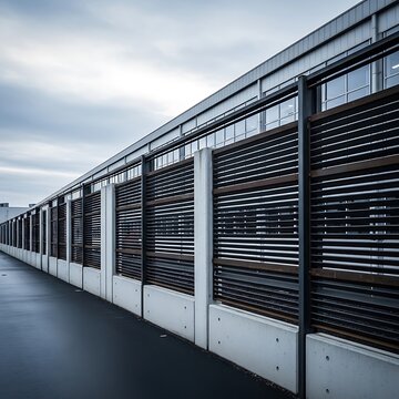 Modern Industrial Building Architecture with Metal Louver Privacy Fence