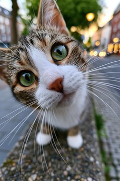 Eine neugierige getigerte Katze mit ausgepr&auml;gten gr&uuml;nen Augen blickt aus n&auml;chster N&auml;he in die Kamera auf einer st&auml;dtischen Stra&szlig;e.