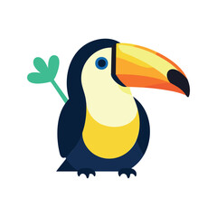 Obraz premium Cute cartoon toucan standing with a green plant waving its wing in a friendly manner