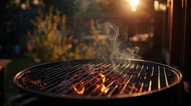 Glowing Charcoal Briquettes with Smoke in Outdoor Barbecue Grill