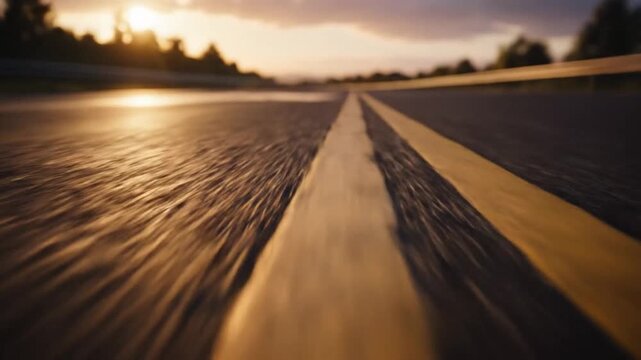 Cinematic low angle perspective point of view shot of smooth asphalt road surface during high speed driving with motion blur effect captured in professional 4k for transportation concepts.